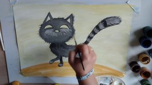 Как нарисовать осенний рисунок гуашью "Котик на прогу?