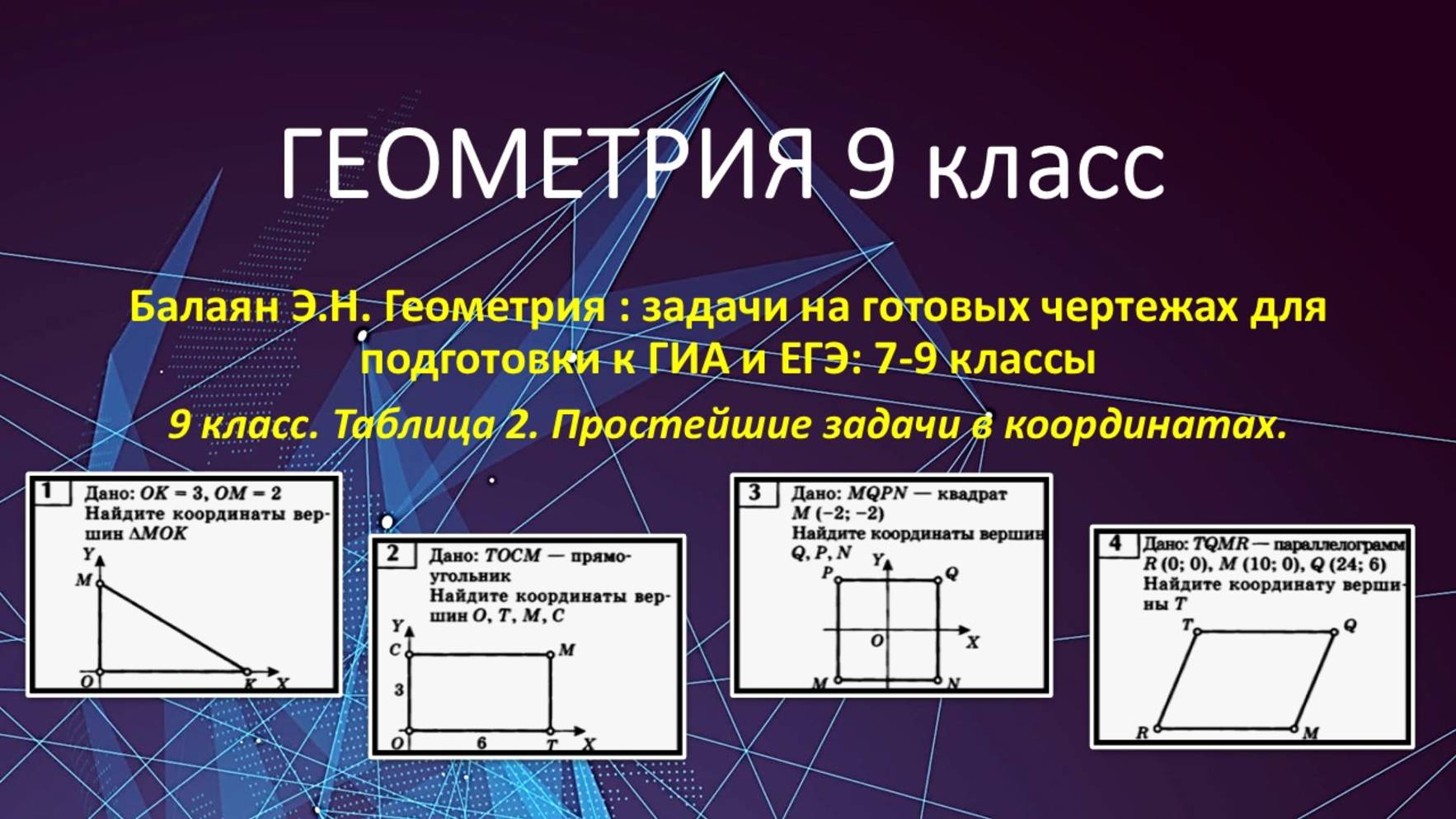 Геометрия 9 класс. Метод координат в задачах на готовых чертежах. Таблица 2. №№ 1-4.