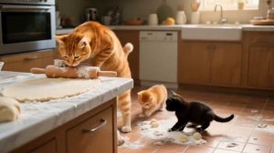 Mama Cat Adopts a White Kitten and Bakes Strawberry Cake with Her Kittens 🍓🐾 #cat #cute #funny