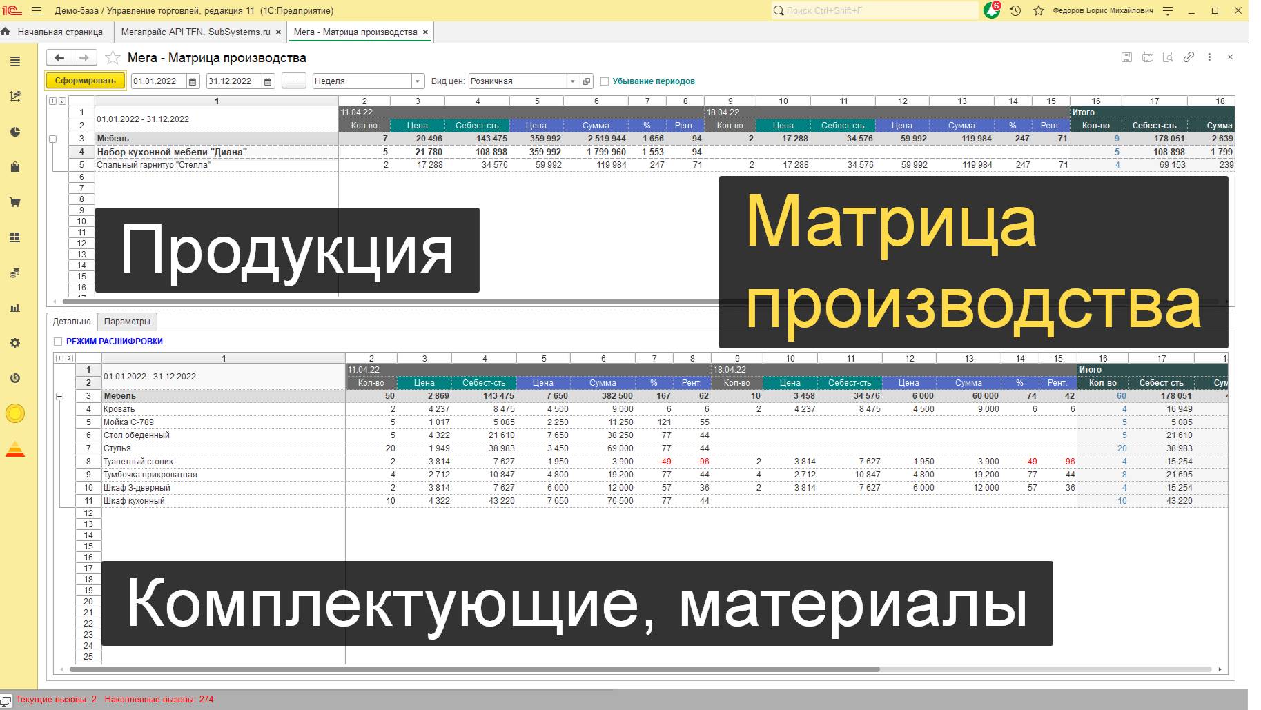 Мега: Матрица и журнал производства для 1С УНФ