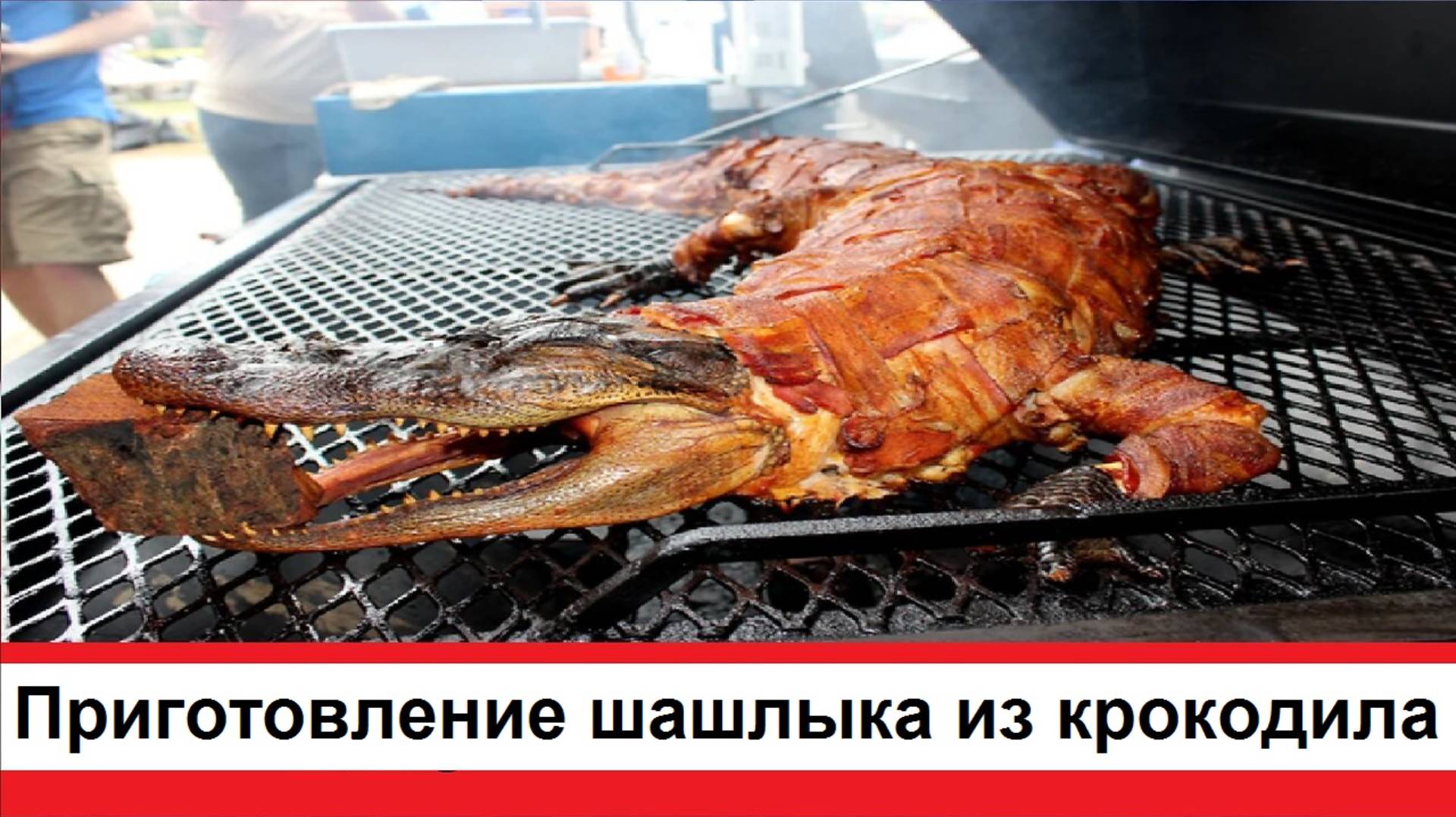 Приготовление шашлыка из 100-килограммового крокодила на углях гриль