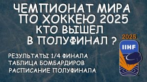 ЧМ по хоккею 1/4 финала. Кто вышел в 1/2 финала? Таб. Бомбардиров. Расписание 1/2 финала