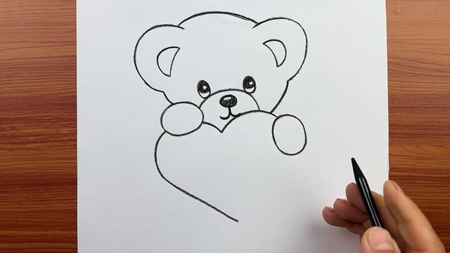 Как нарисовать простого мишку — рисунок милого мишки с сердцем, лёгкие карандашные рисунки