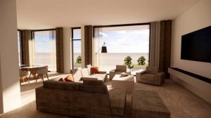 Обзор дома с плоской кровлей на склоне.  1 этаж