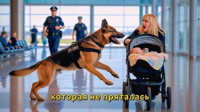 Немецкая овчарка хватает коляску с младенцем в аэропо