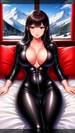 Anime natural women in latex leotard stretching
