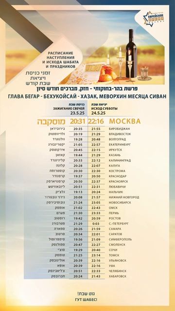 Расписаниа Шабата главы Беѓар-Бехукотай в Москве и ещё 29 городах России.