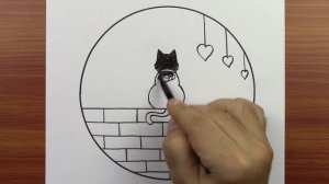 Как нарисовать Рисунок кошки и пейзажа — простой рисунок внутри круга