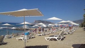 Пляж отеля Saritas 4*. Море. Вид на крепость. Горы. Аланья. Т?