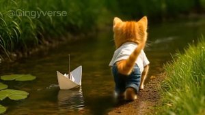 ⛵️ Tiny Cat Makes a Little Boat and Floats It Down the Stream_ Letting Go with a Smile 🐸🌊