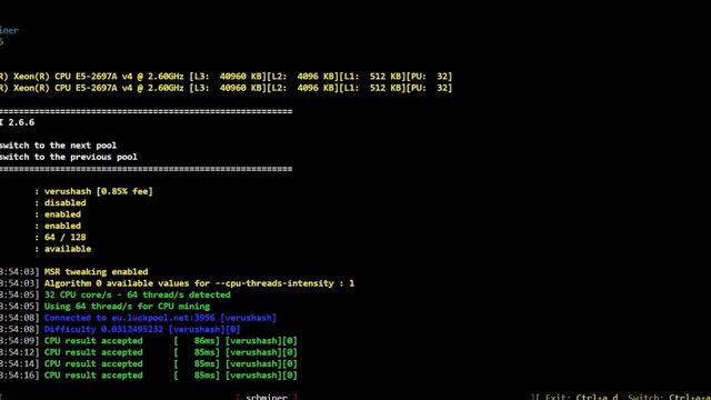 Майнинг Verus Coin VRSC на процессорах (Xeon E5-2697Av4 @2.60GHz AES). Майн смотреть онлайн