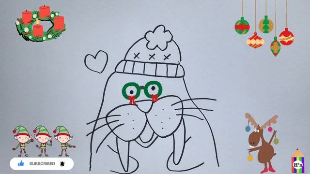 How To Draw a Cute Christmas Walrus | рисунок рождественского моржа для детей смотреть онлайн