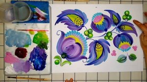 Роспись, гуашь, "Веточка с зелеными ягодами"