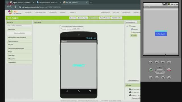 Приложение - приветствие "First Project" / 
MIT App Inventor - изобретательный конструктор