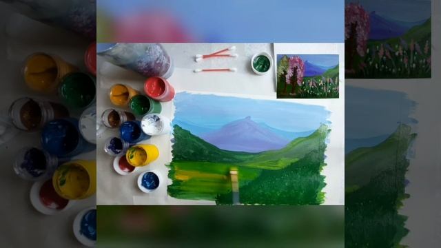 Летний горный пейзаж гуашью поэтапно:))#РисоватьМогутВсе#летогуашью