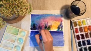 Лес на закате акварелью для начинающих