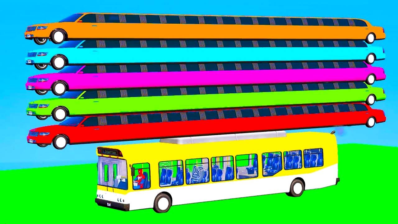Цветные длинные машины и автобусы для детей Мультики про машинки Человек-паук Мультфильм для малышей