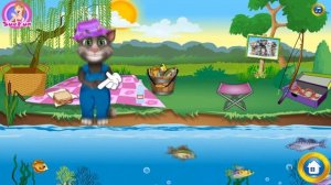 Кот Том ловит рыбу на берегу. Пикник на берегу с говорящим котом Томом. Видео для детей.