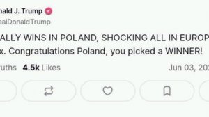 Трамп поздравил Кароля Навроцкого с победой на выборах в Польше и процитировал СМИ, которые назвали
