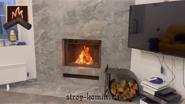 Необычный вариант углового камина - дровяная топка АСТОВ ПС 8063 встроенная в короб из керамогранита
