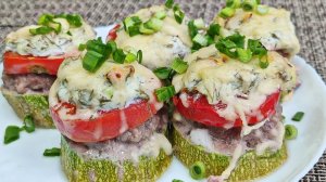 Кабачки с фаршем ,помидорами и сыром. Запечённые в духовке.
