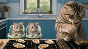 Mama Cat Forages for Oysters by the Sea, Comes Home to Cook Grilled Oysters for Kittens 💪🏻#cat #cu