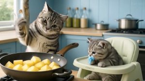 Mama Cat Сaught a Fish in the River, Heads Home to Cook Fish for Her Kitten 🐾🍲#cat #cute #funny