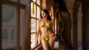 BEAUTY AI 4K. ⭐️Model poses next to ancient architecture in a yellow bikini