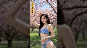 BEAUTY AI 4K.⭐️Beautiful model in bikini poses for photos in a blooming cherry blossom garden