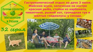 Гастрономический отдых на даче. Майские жуки, рыба, стейки, рыжий кот, туя и гладиолусы у соседа.
