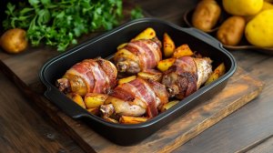 Куриные голени в беконе с картофелем — простой и сытный ужин в духовке!