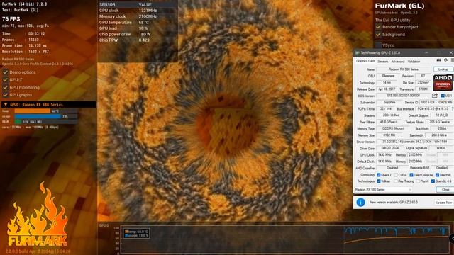 Тест FurMark2  Sapphire Radeon RX 580 8Gb Special Edition BLUE NITRO+ смотреть онлайн