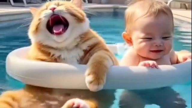Малыш с рыжим котом в бассейне