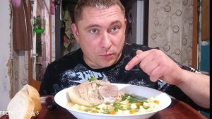 мукбанг/обжор/летний суп со свининой рулькой/
