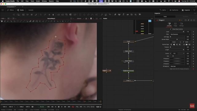 Удалить татуировку с помощью инструмента VECTOR WARP во вкладке [Fusion] DaVinci Resolve 20
