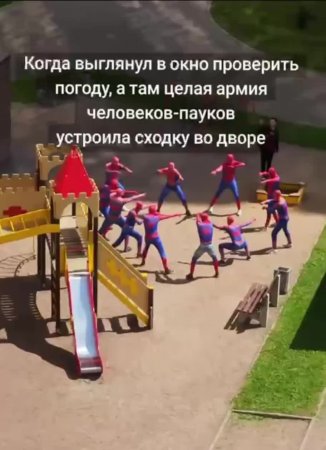 🕷 На детской площадке в Питере заметили неформальное сборище человек-пауков на разминке.