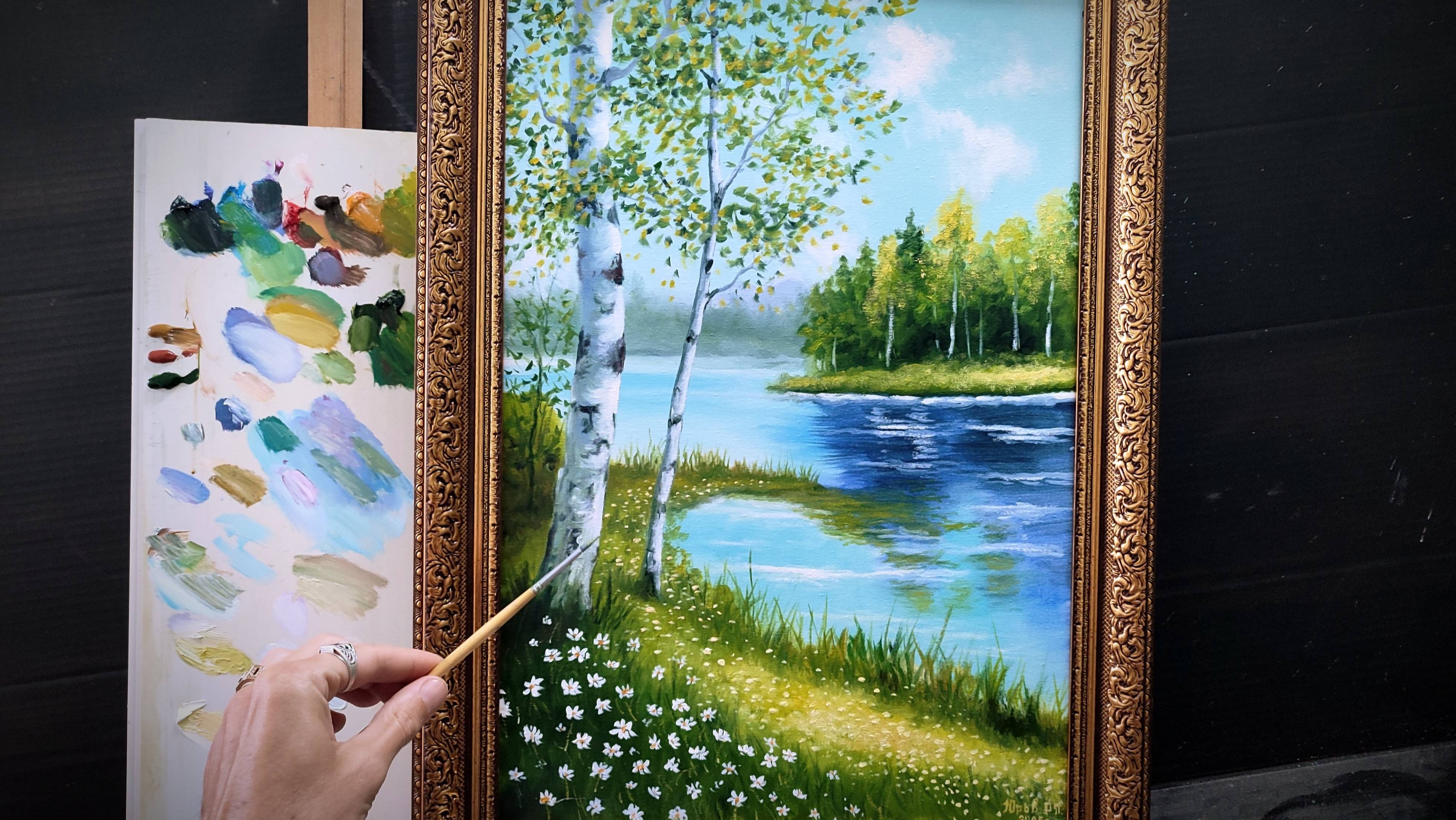 Летний пейзаж для самых начинающих|как легко нарисовать пейзаж с березами|Очень простая техника смотреть онлайн