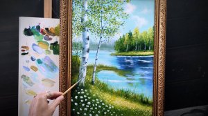 Летний пейзаж для самых начинающих|как легко нарисовать пейзаж с березами|Очень простая техника