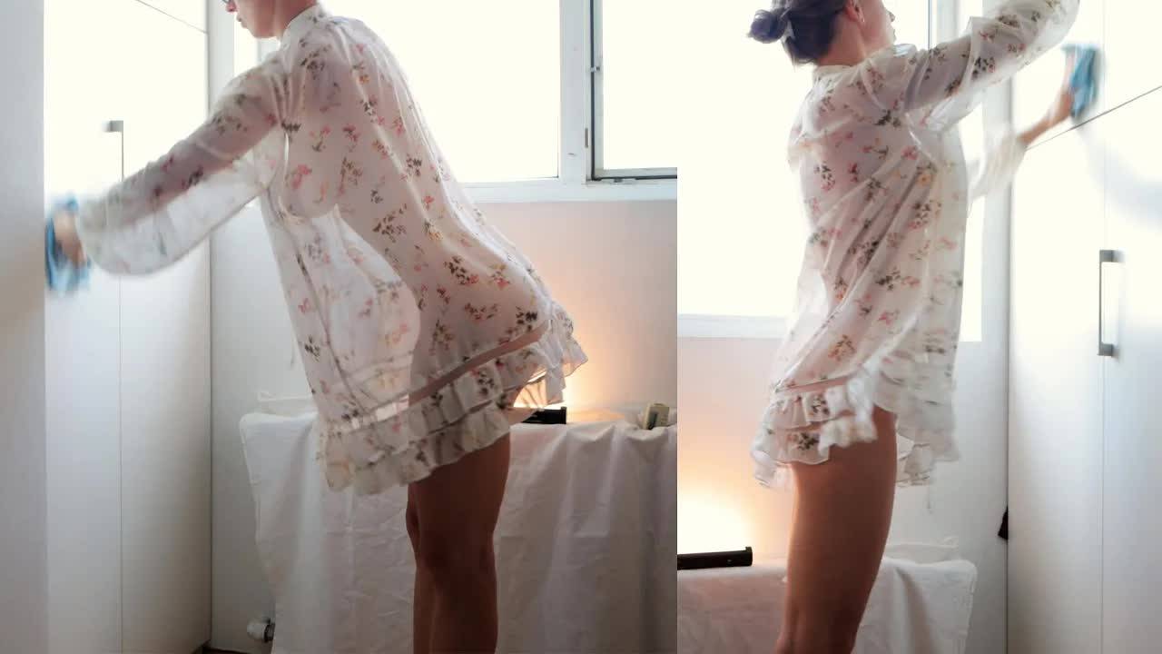 ❤️ Transparent cleaning in the room with Tina in a dress