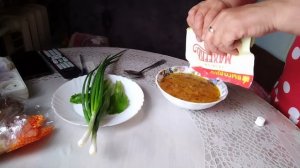 Пробуем щи с хрустящим хлебушком,да с зелёным луком 👍