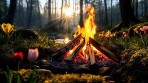 Красивы костёр в лесу. Приятный треск, журчание костра и пение птиц — Релакс фон на ТВ