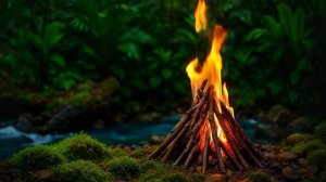 Костёр в дремучем лесу. Потрескивание костра и приятный звук ручья. Фон для релаксации и медитации
