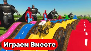 Мультики для детей ! Весёлые горки с СУПЕРГЕРОЯМИ ! Гонка цветных ТРАКТОРОВ !