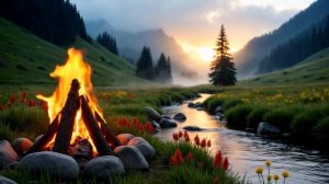 Умиротворяющий альпийский костер – закат у ручья со звуками природы для сна и медитации