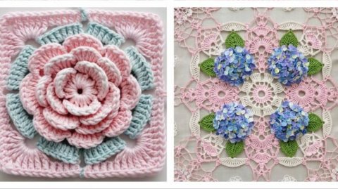 Квадратные вязаные мотивы с ЦВЕТАМИ от AI. ПОДБОРКА №23.