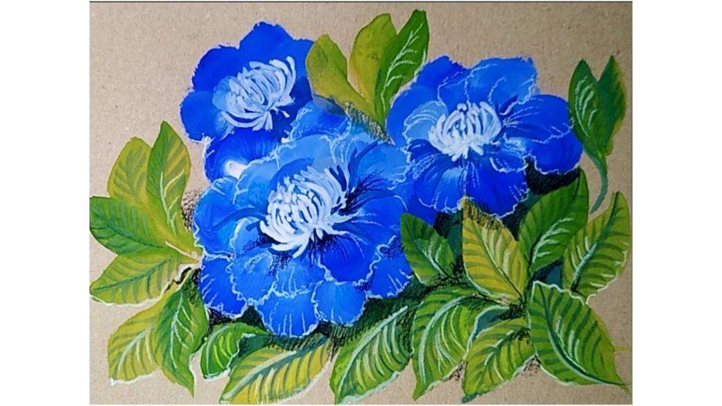 Ярко-синие цветы. Рисуем гуашью на крафтовой бумаге. смотреть онлайн