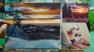 Зимний пейзаж на закате маслом|winter landscape oil art