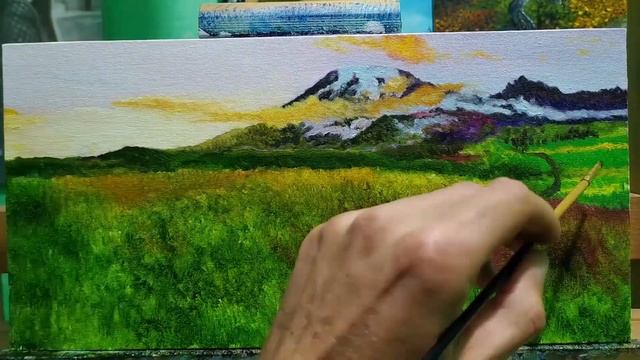 Как писать Весенний горный пейзаж на рассвете маслом,пишем горы цветы и красивый рассвет