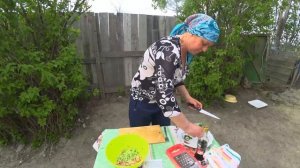 Жизнь в деревне. Салат из рыбы семги и овощей. На природе в деревне.