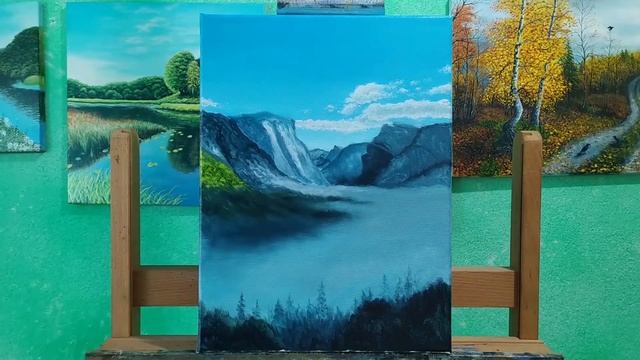Как нарисовать горы в тумане маслом с комментариями |простой горный пейзаж маслом